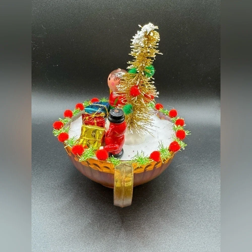 OOAK Christmas Assemblage Decor Vintage Wooden Ornaments and Carnival Glass